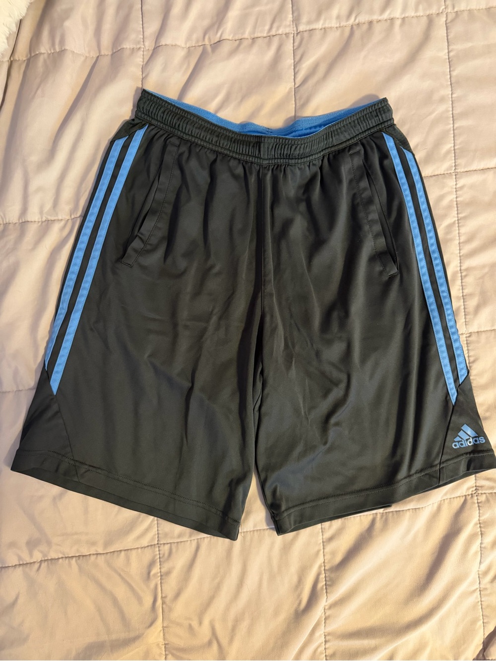 adidas Men’s Black Athletic Shorts with Light Blue Stripes